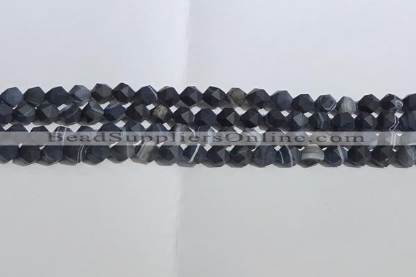 CAA1242 15.5 inches 6mm faceted nuggets matte black line agate beads