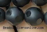 CAA2462 15.5 inches 14mm carved round matte black agate beads