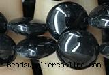 CAA2525 15.5 inches 8mm flat round black agate beads wholesale