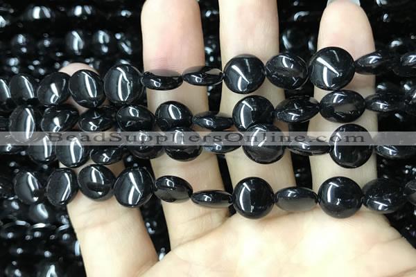 CAA2526 15.5 inches 10mm flat round black agate beads wholesale