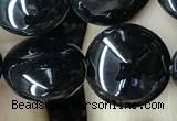 CAA2528 15.5 inches 14mm flat round black agate beads wholesale