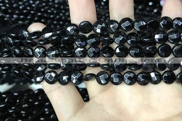 CAA2580 15.5 inches 10mm faceted coin black agate beads wholesale