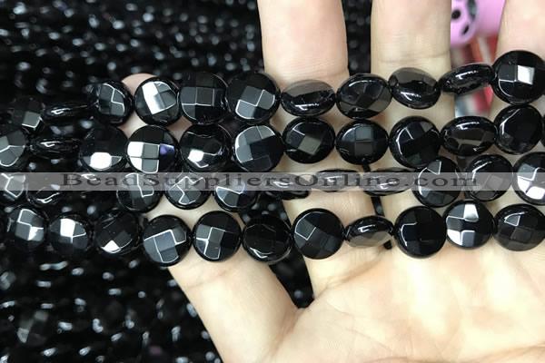 CAA2582 15.5 inches 14mm faceted coin black agate beads wholesale