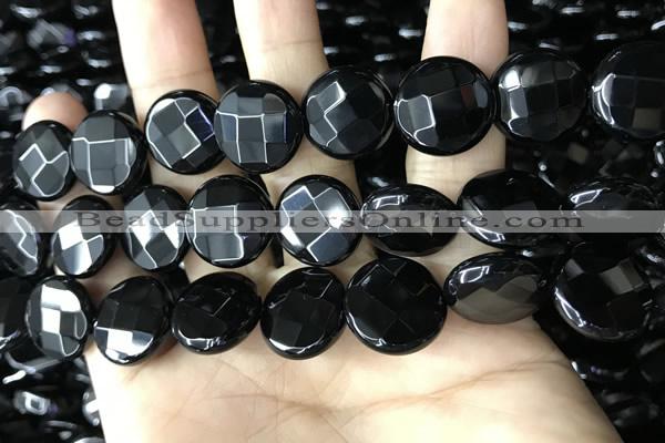 CAA2586 15.5 inches 25mm faceted coin black agate beads wholesale