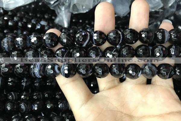 CAA2648 15.5 inches 12mm faceted round banded black agate beads