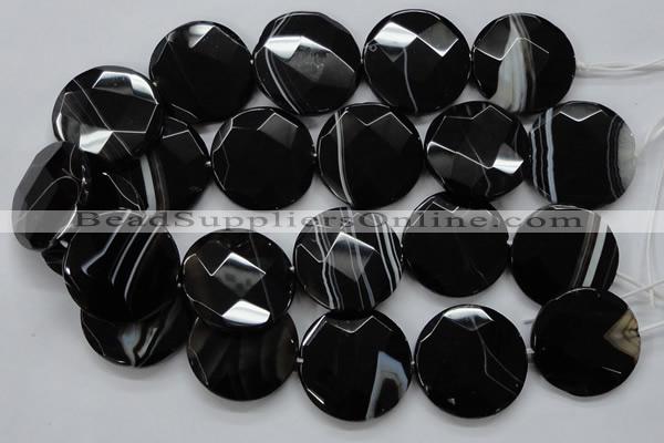 CAA280 15.5 inches 18mm faceted coin black line agate beads