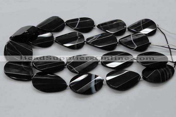 CAA285 28*38mm twisted & faceted teardrop black line agate beads