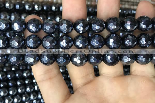 CAA3558 15.5 inches 12mm faceted round AB-color black agate beads