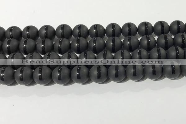 CAA3652 15.5 inches 10mm round matte & carved black agate beads