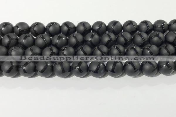 CAA3657 15.5 inches 10mm round matte & carved black agate beads