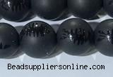 CAA3671 15.5 inches 8mm round matte & carved black agate beads