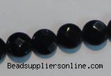 CAB809 15.5 inches 12mm faceted coin black gemstone agate beads