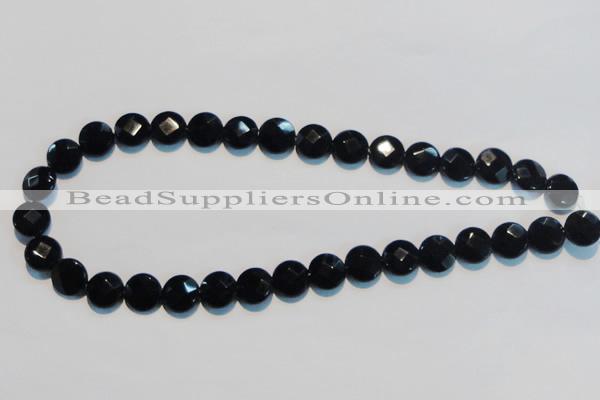 CAB809 15.5 inches 12mm faceted coin black gemstone agate beads