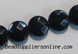 CAB810 15.5 inches 14mm faceted coin black gemstone agate beads