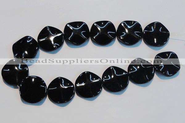 CAB827 15.5 inches 30mm wavy coin black agate gemstone beads wholesale