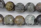 CAG1425 15.5 inches 14mm faceted round silver needle agate beads