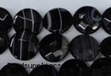 CAG3073 15.5 inches 14mm faceted coin black line agate beads