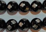 CAG3355 15.5 inches 14mm carved round black agate beads wholesale