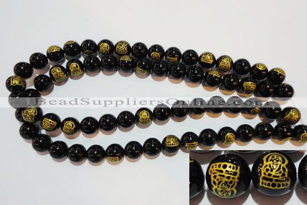 CAG3386 15.5 inches 12mm carved round black agate beads wholesale