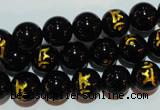 CAG3390 15.5 inches 10mm carved round black agate beads wholesale