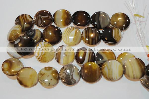 CAG3507 15.5 inches 30mm flat round brown line agate beads