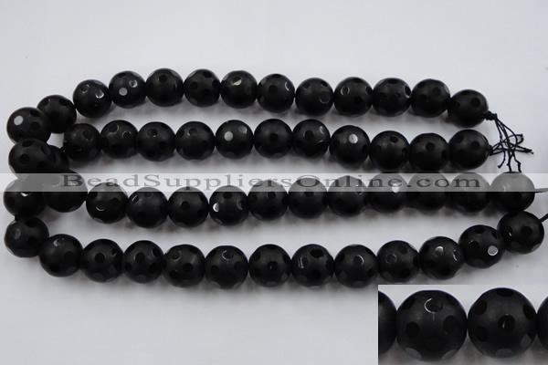 CAG3674 15.5 inches 14mm carved round matte black agate beads