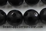 CAG3678 15.5 inches 22mm carved round matte black agate beads