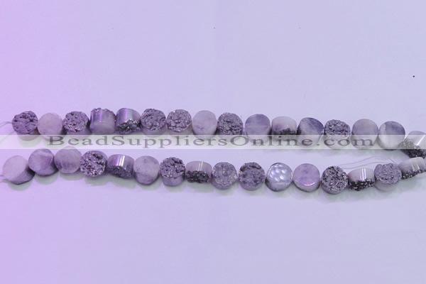 CAG8342 7.5 inches 12mm coin silver plated druzy agate beads