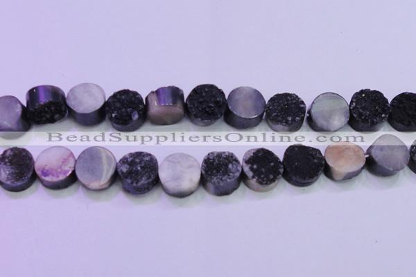 CAG8387 7.5 inches 20mm coin black plated druzy agate beads