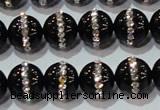 CAG8630 15.5 inches 8mm round black agate with rhinestone beads