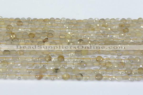 CCB1162 15 inches 4mm faceted coin golden rutilated beads