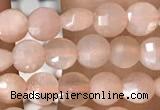 CCB543 15.5 inches 4mm faceted coin peach moonstone beads