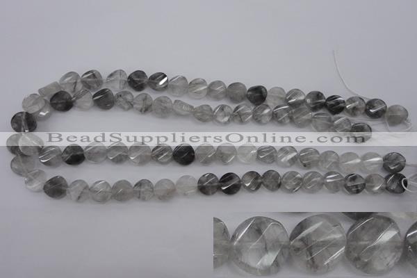 CCQ271 15.5 inches 10mm faceted & twisted coin cloudy quartz beads