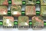 CCU1316 15 inches 7mm - 8mm faceted cube unakite beads