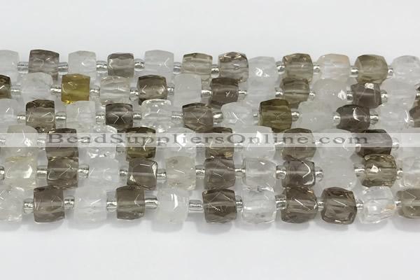 CCU751 15 inches 8*8mm faceted cube white crystal & smoky quartz beads