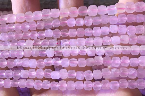 CCU806 15 inches 4mm faceted cube rose quartz beads