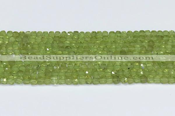 CCU836 15 inches 4mm faceted cube olive quartz beads