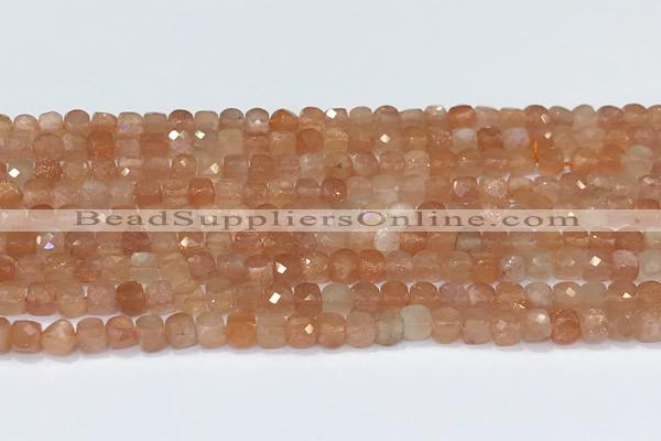 CCU849 15 inches 4mm faceted cube golden sunstone beads