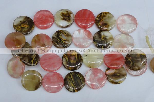 CCY214 15.5 inches 30mm flat round volcano cherry quartz beads