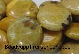 CFA44 15.5 inches 25mm flat round yellow chrysanthemum agate beads