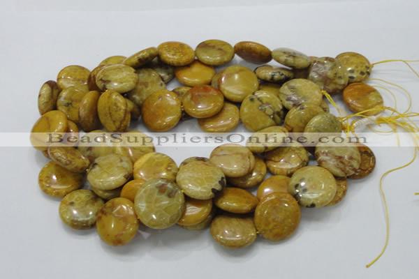 CFA44 15.5 inches 25mm flat round yellow chrysanthemum agate beads