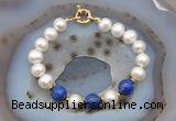 CFB1014 Hand-knotted 9mm - 10mm potato white freshwater pearl & lapis lazuli bracelet