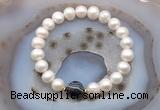 CFB1031 9mm - 10mm potato white freshwater pearl & black banded agate stretchy bracelet