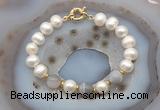 CFB1036 Hand-knotted 9mm - 10mm potato white freshwater pearl & grey banded agate bracelet