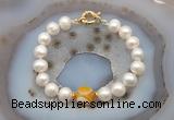 CFB1037 Hand-knotted 9mm - 10mm potato white freshwater pearl & yellow banded agate bracelet