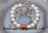 CFB1039 Hand-knotted 9mm - 10mm potato white freshwater pearl & red banded agate bracelet