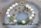 CFB1040 Hand-knotted 9mm - 10mm potato white freshwater pearl & green banded agate bracelet