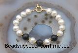 CFB1057 Hand-knotted 9mm - 10mm potato white freshwater pearl & black obsidian bracelet