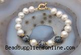 CFB1058 Hand-knotted 9mm - 10mm potato white freshwater pearl & snowflake obsidian bracelet