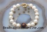 CFB1059 Hand-knotted 9mm - 10mm potato white freshwater pearl & mahogany obsidian bracelet